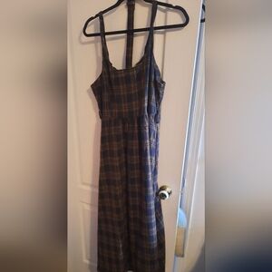 SHEIN Navy and Brown Plaid Midi Dress with Adjustable Straps